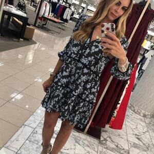 Veronica Beard Silk Mini Hawken Floral Patterned Dress sz 4 Black Multi Printed